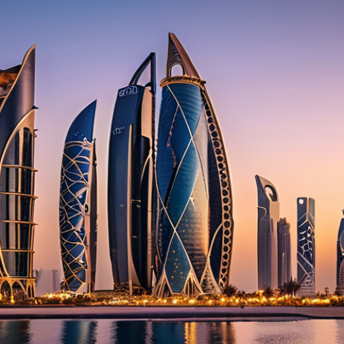Home 13 **Doha's Futuristic Skyline:** A breathtaking panoramic view of Doha's West Bay skyline at dawn or dusk. Emphasize the audacious, sculptural skyscrapers made of glass and steel, reflecting the sun's warm light. The buildings should appear as futuristic masterpieces rising dramatically from the desert landscape, symbolizing ambition and rapid growth.