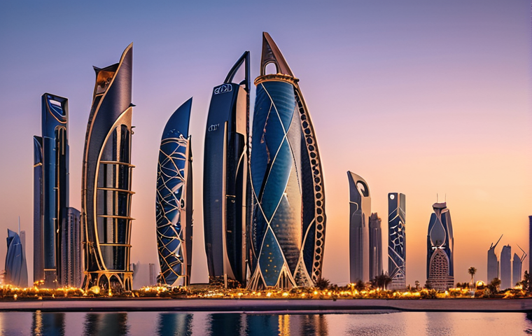 **Doha's Futuristic Skyline:** A breathtaking panoramic view of Doha's West Bay skyline at dawn or dusk. Emphasize the audacious, sculptural skyscrapers made of glass and steel, reflecting the sun's warm light. The buildings should appear as futuristic masterpieces rising dramatically from the desert landscape, symbolizing ambition and rapid growth.