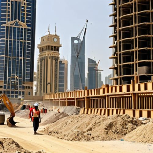 Home 8 **
A bustling construction site in Doha, Qatar. South Asian migrant workers (Indian, Nepali, Bangladeshi) are working hard under the hot sun, building modern skyscrapers. In the background, luxury hotels and infrastructure projects are visible. Focus on the contrast between the workers' labor and the opulent buildings. Use a realistic, slightly gritty style. Include diverse South Asian faces.
**
