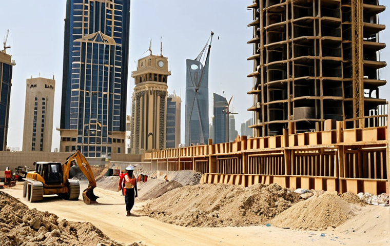 **

A bustling construction site in Doha, Qatar. South Asian migrant workers (Indian, Nepali, Bangladeshi) are working hard under the hot sun, building modern skyscrapers.  In the background, luxury hotels and infrastructure projects are visible. Focus on the contrast between the workers' labor and the opulent buildings.  Use a realistic, slightly gritty style.  Include diverse South Asian faces.

**