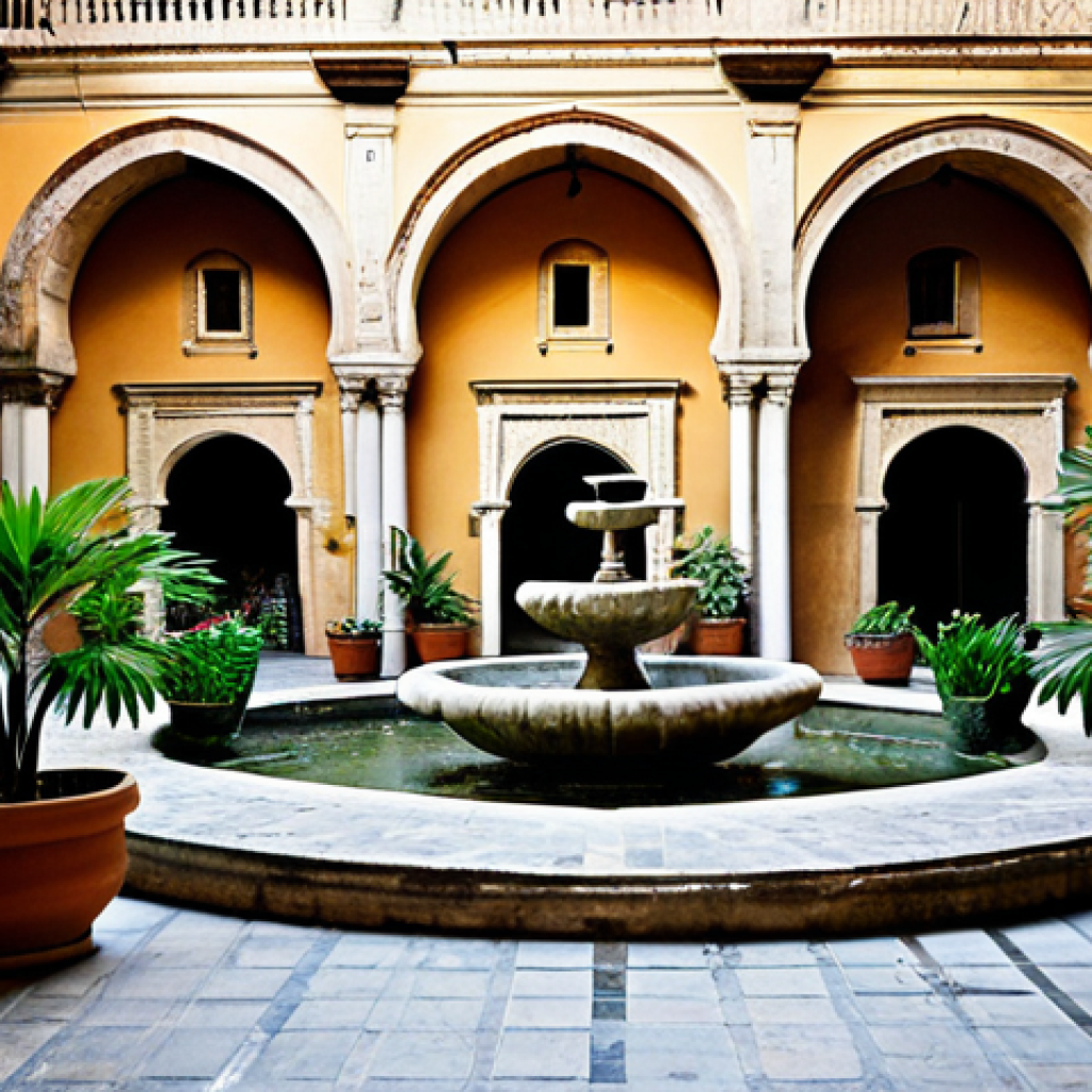 Mediterranean Architecture**

"A sunlit courtyard in Palermo, Sicily, showcasing a blend of architectural styles: horseshoe arches from Islamic influence alongside traditional Sicilian stone walls. Potted plants and a small fountain enhance the serene atmosphere. Fully clothed tourists are admiring the architecture. Safe for work, appropriate content, professional architectural photography, perfect anatomy, correct proportions, natural pose, well-formed hands, proper finger count, modest, family-friendly."

**