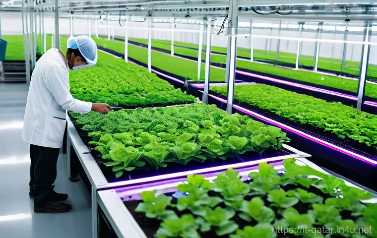 카타르와 한국 간의 교류 - **Prompt 1: Futuristic Smart Farm Collaboration**
    A vibrant, high-tech indoor smart farm. Rows o...