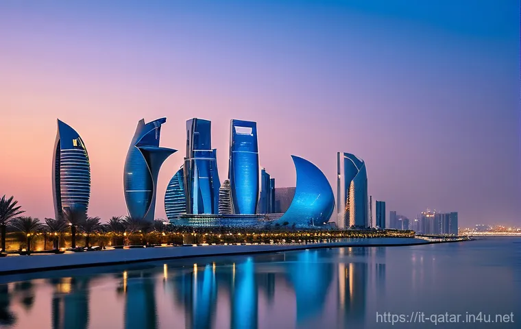 카타르 특이점 - A stunning, wide-angle shot of Doha's futuristic skyline at twilight. The scene features uniquely de...