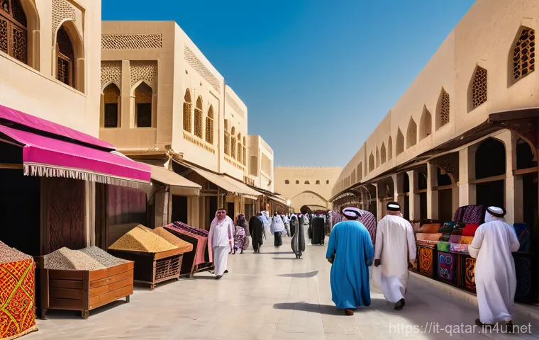 카타르 특이점 - A stunning, wide-angle shot of Doha's futuristic skyline at twilight. The scene features uniquely de...