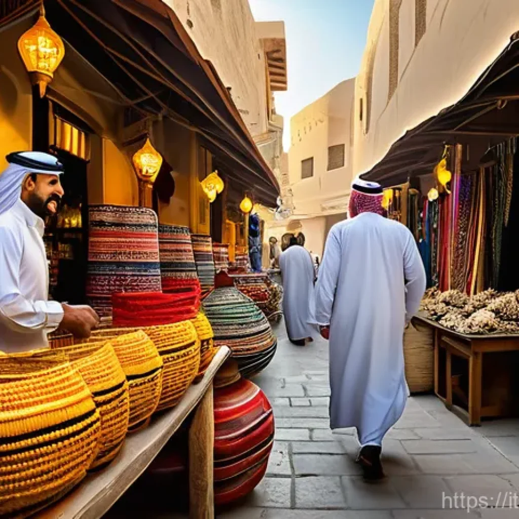 카타르 도하 관광명소 - **Vibrant Souq Waqif Scene**: A bustling, narrow alleyway within Doha's Souq Waqif, filled with the ...