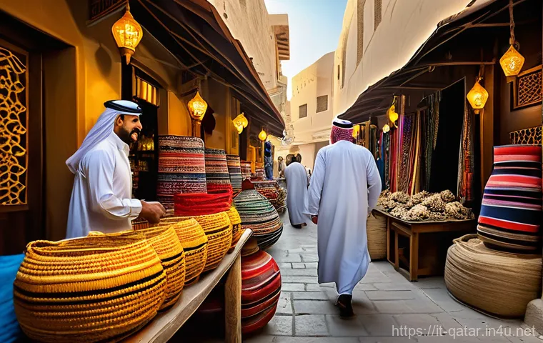 카타르 도하 관광명소 - **Vibrant Souq Waqif Scene**: A bustling, narrow alleyway within Doha's Souq Waqif, filled with the ...