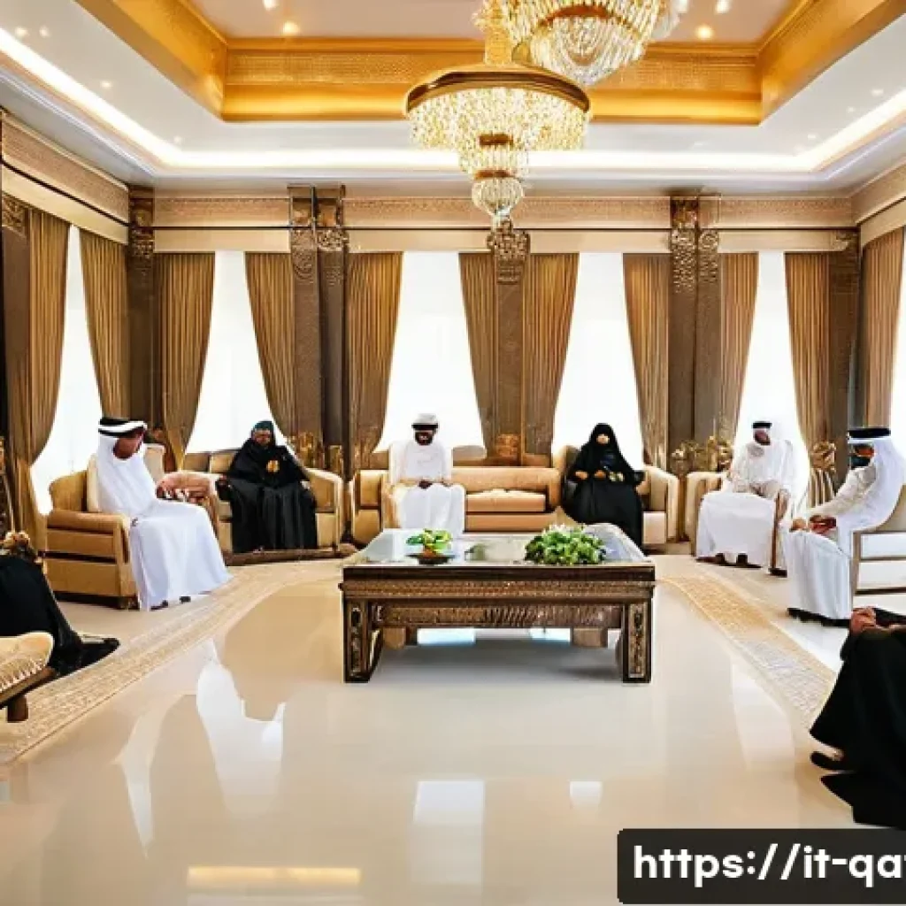 카타르 문화적 금기 - A formal social gathering in Qatar featuring men and women dressed modestly according to local custo...