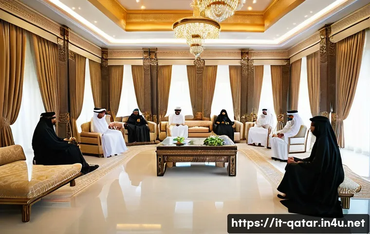 카타르 문화적 금기 - A formal social gathering in Qatar featuring men and women dressed modestly according to local custo...