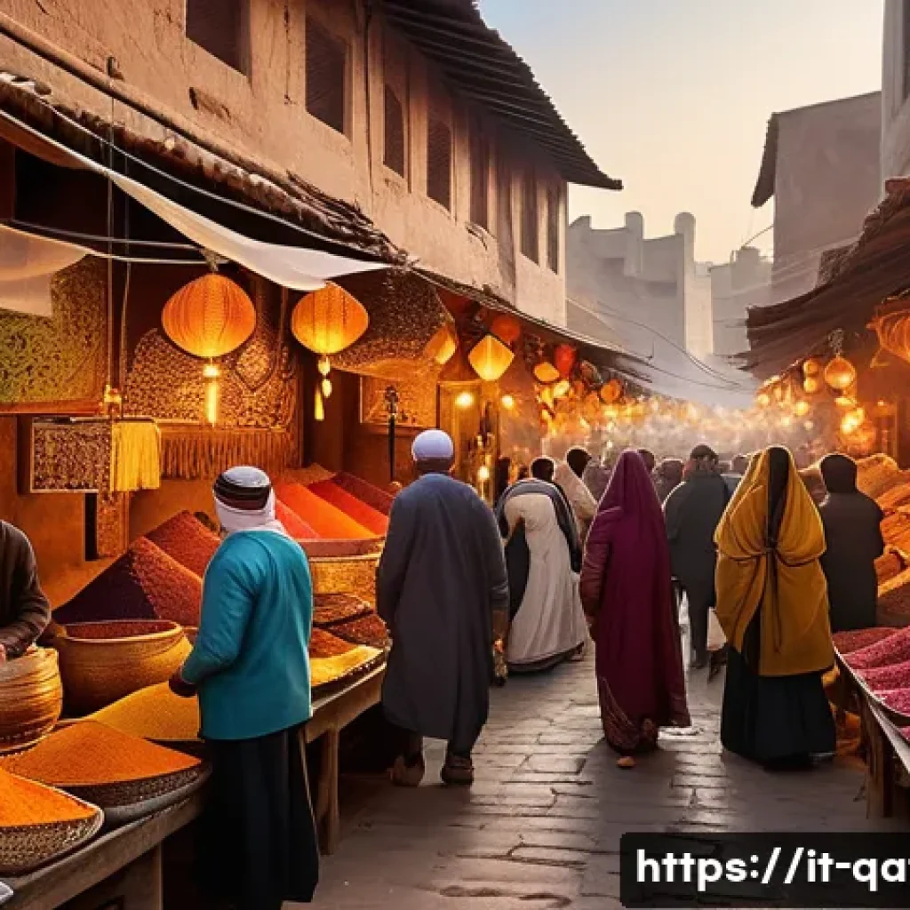 카타르 전통 시장 수크 와키프 - A bustling traditional Middle Eastern market scene at sunset, vibrant stalls filled with colorful sp...