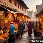 카타르 전통 시장 수크 와키프 - A bustling traditional Middle Eastern market scene at sunset, vibrant stalls filled with colorful sp...