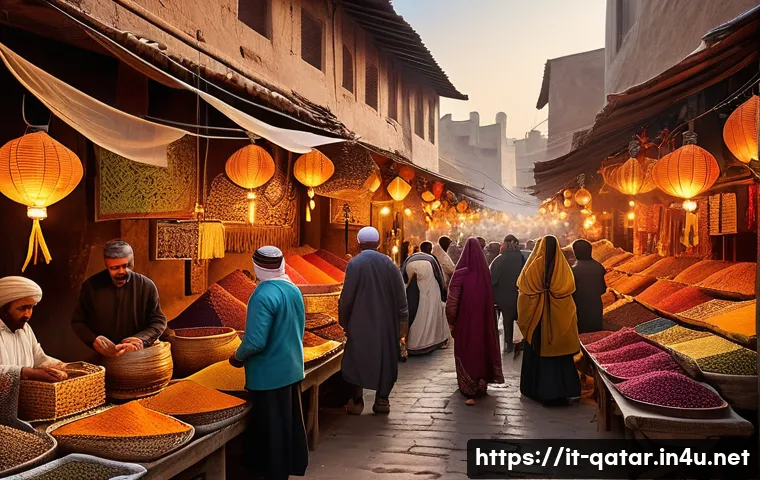 카타르 전통 시장 수크 와키프 - A bustling traditional Middle Eastern market scene at sunset, vibrant stalls filled with colorful sp...