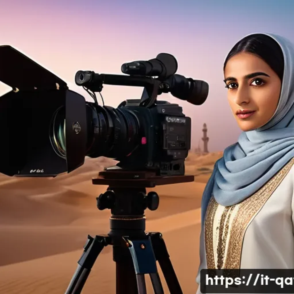 카타르 출신 영화 감독 - A cinematic scene portraying a young Qatari female filmmaker dressed in modest, elegant traditional ...