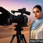 카타르 출신 영화 감독 - A cinematic scene portraying a young Qatari female filmmaker dressed in modest, elegant traditional ...