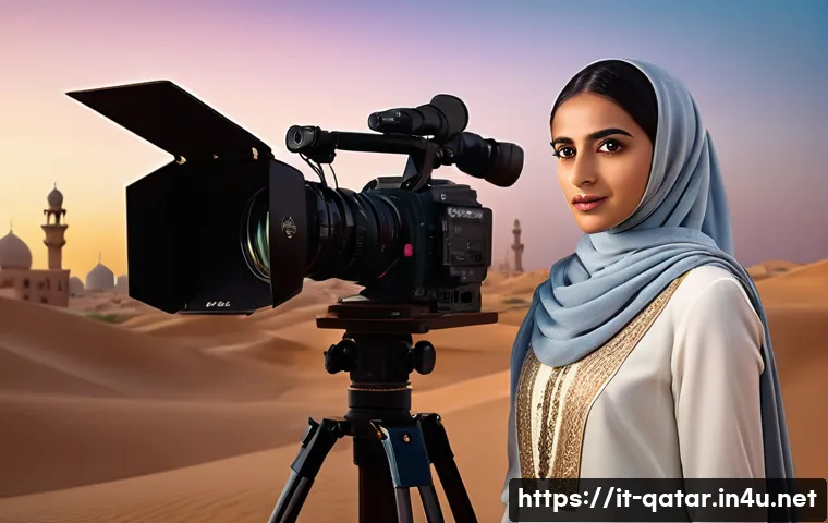 카타르 출신 영화 감독 - A cinematic scene portraying a young Qatari female filmmaker dressed in modest, elegant traditional ...