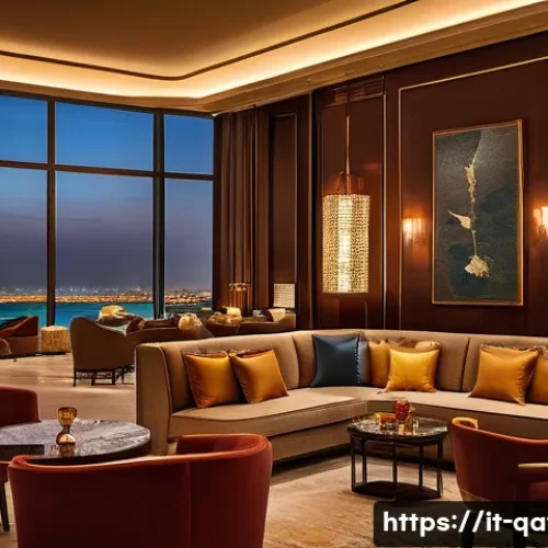 카타르에서 알코올 규정 - A sophisticated hotel lounge interior in Doha, Qatar, featuring elegant guests dressed in smart casu...