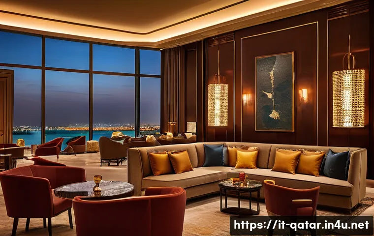 카타르에서 알코올 규정 - A sophisticated hotel lounge interior in Doha, Qatar, featuring elegant guests dressed in smart casu...