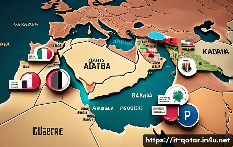 카타르와 주변국 간의 갈등 역사 - A detailed political map of the Gulf region highlighting Qatar, Saudi Arabia, UAE, Bahrain, and Kuwa...