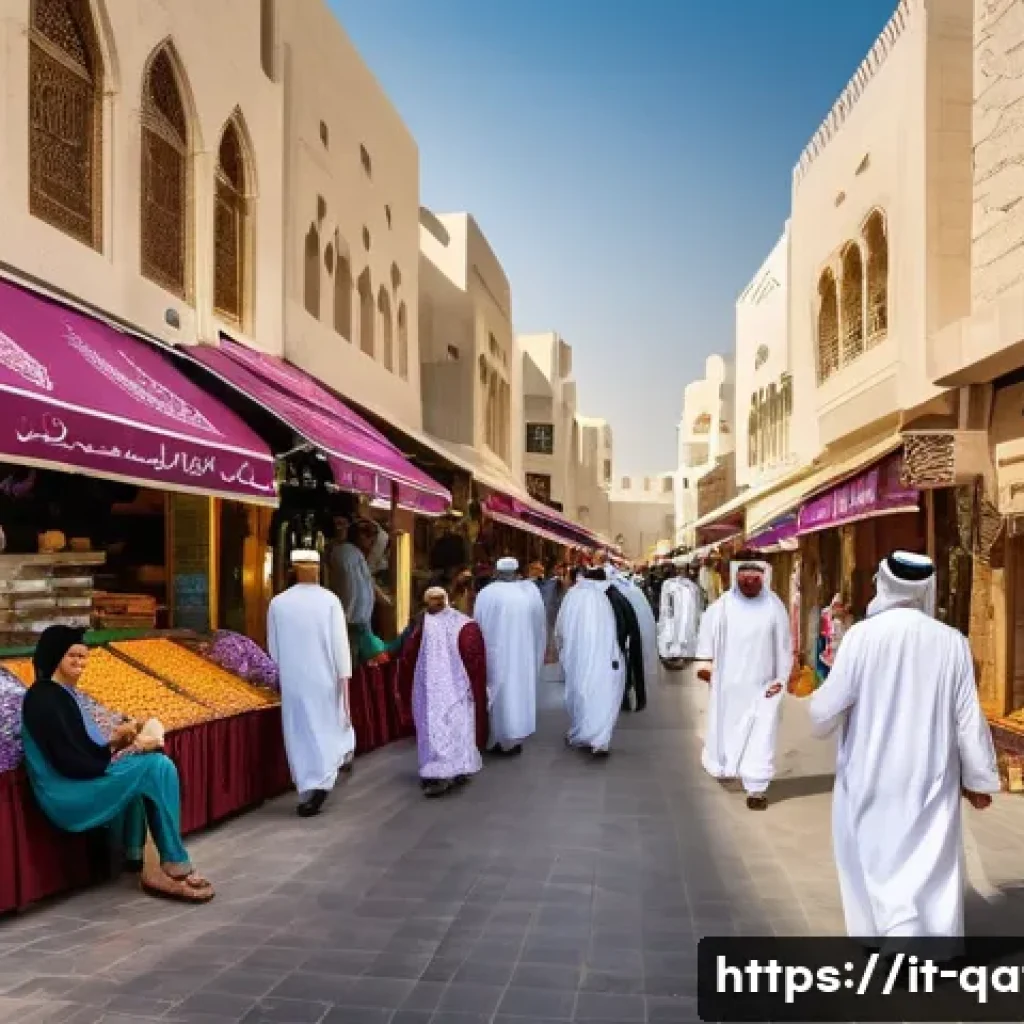카타르의 공식 언어 - A vibrant street scene in Doha, Qatar, showcasing a diverse crowd of locals and expatriates engaging...