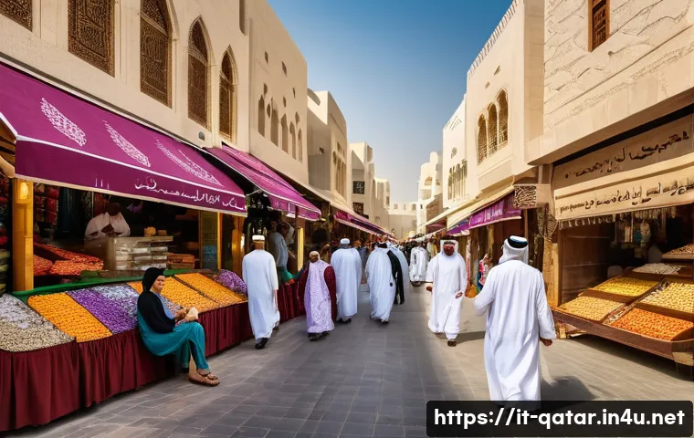 카타르의 공식 언어 - A vibrant street scene in Doha, Qatar, showcasing a diverse crowd of locals and expatriates engaging...