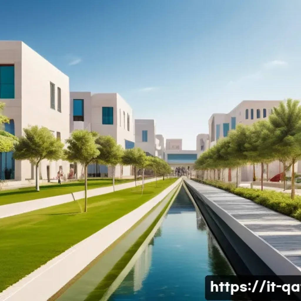 카타르의 도시 개발 프로젝트 - A futuristic urban neighborhood in Qatar during daytime, showcasing integrated green spaces, shaded ...