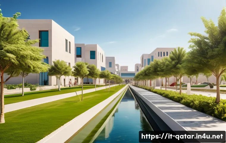 카타르의 도시 개발 프로젝트 - A futuristic urban neighborhood in Qatar during daytime, showcasing integrated green spaces, shaded ...