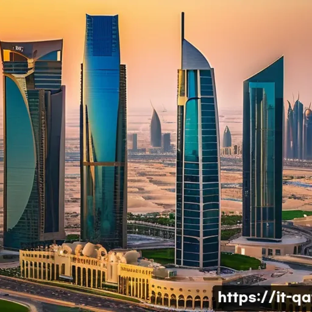 카타르의 높은 1인당 GDP - A futuristic skyline of Doha, Qatar, at sunset, showcasing ultra-modern skyscrapers with gleaming gl...