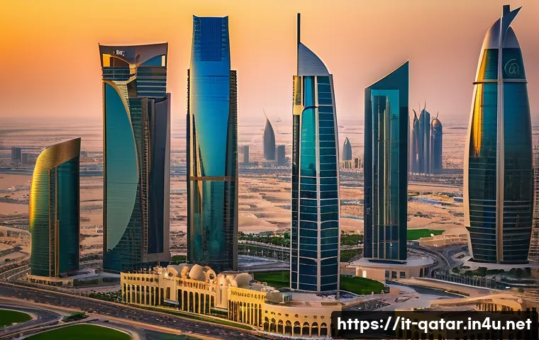 카타르의 높은 1인당 GDP - A futuristic skyline of Doha, Qatar, at sunset, showcasing ultra-modern skyscrapers with gleaming gl...