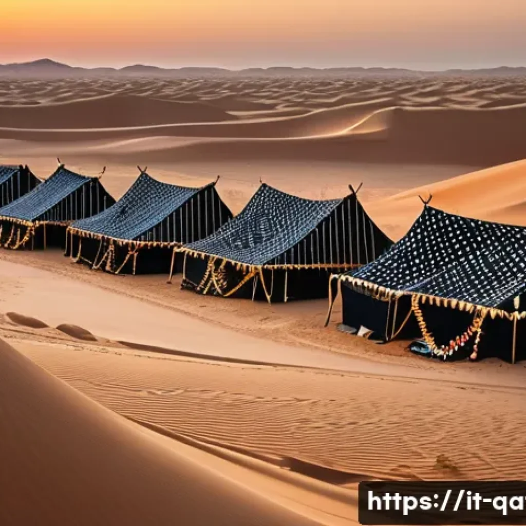 카타르의 베두인 문화 - A detailed scene of a traditional Bedouin desert camp in Qatar at sunset, featuring lightweight blac...