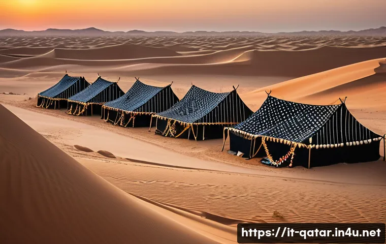 카타르의 베두인 문화 - A detailed scene of a traditional Bedouin desert camp in Qatar at sunset, featuring lightweight blac...