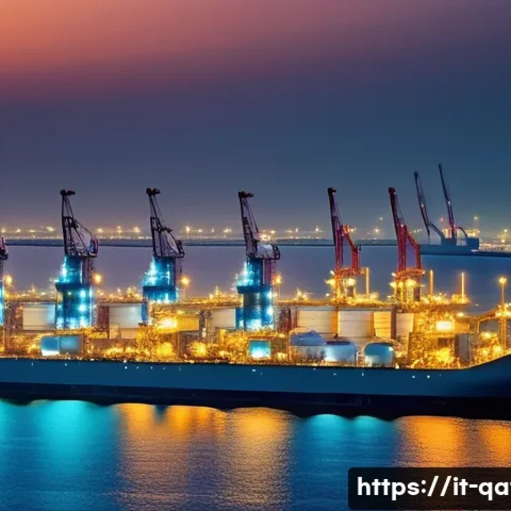 카타르의 에너지 산업과 노르웨이 비교 - A futuristic LNG export terminal in Qatar at sunset, showcasing advanced infrastructure with massive...