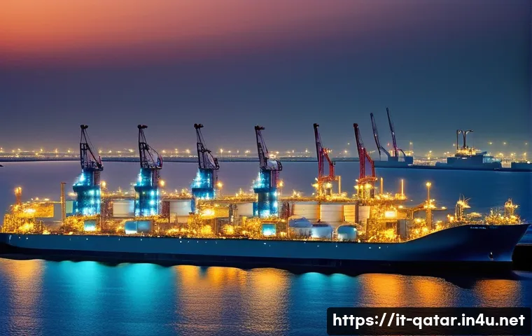 카타르의 에너지 산업과 노르웨이 비교 - A futuristic LNG export terminal in Qatar at sunset, showcasing advanced infrastructure with massive...