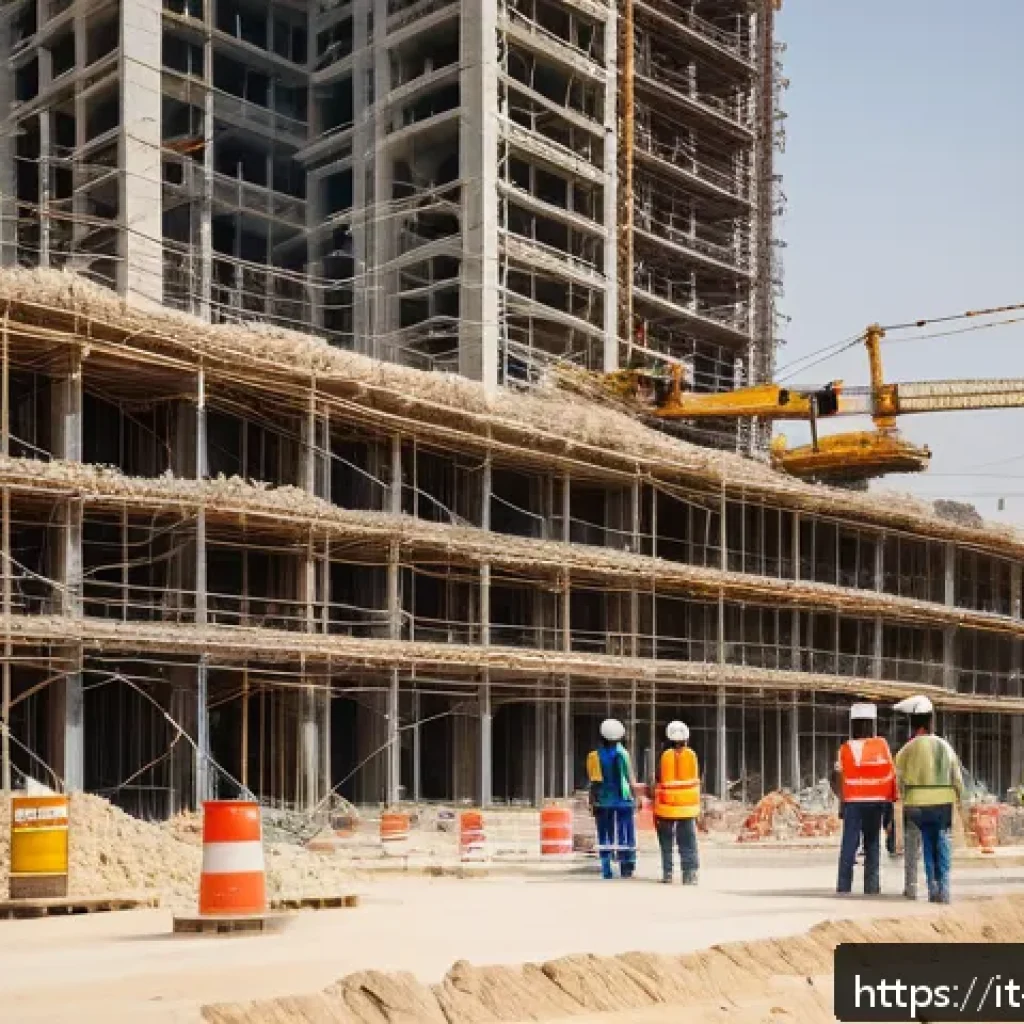 카타르와 외국 노동자 비율 - A detailed scene of a large construction site in Qatar’s desert landscape during daytime, showcasing...