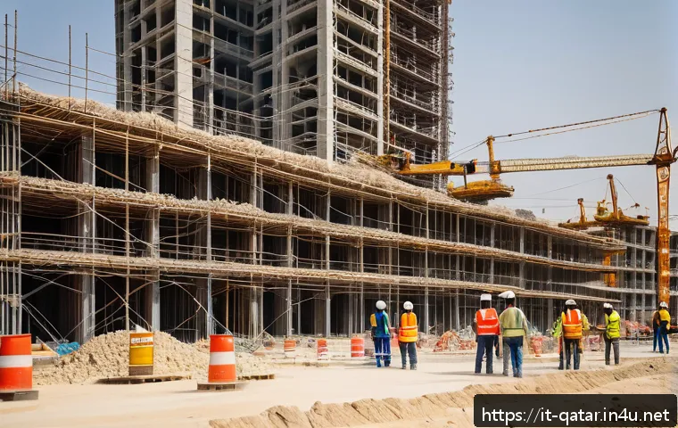 카타르와 외국 노동자 비율 - A detailed scene of a large construction site in Qatar’s desert landscape during daytime, showcasing...