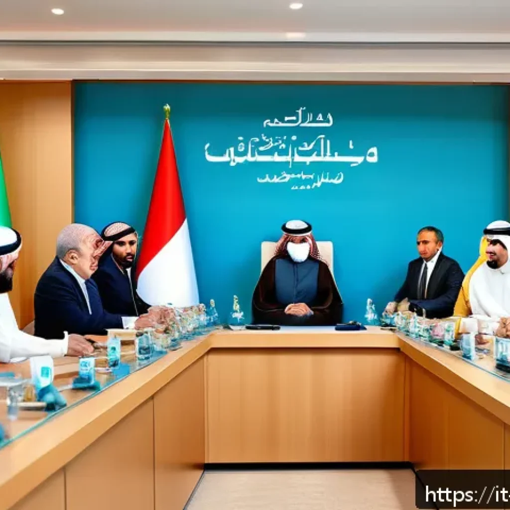 카타르와 이란 간의 관계 - A detailed panoramic illustration of a diplomatic meeting between Qatar and Iran officials, set in a...