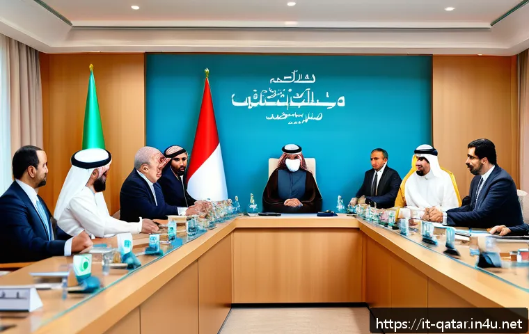 카타르와 이란 간의 관계 - A detailed panoramic illustration of a diplomatic meeting between Qatar and Iran officials, set in a...