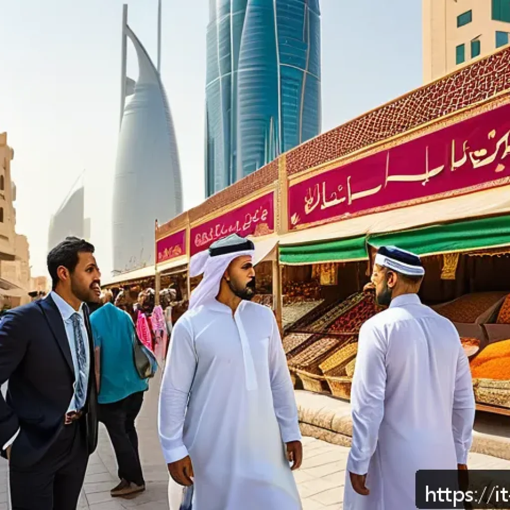 카타르의 다양한 인구 구성 - A vibrant street scene in Doha showcasing a diverse crowd of people from South Asia, Southeast Asia,...
