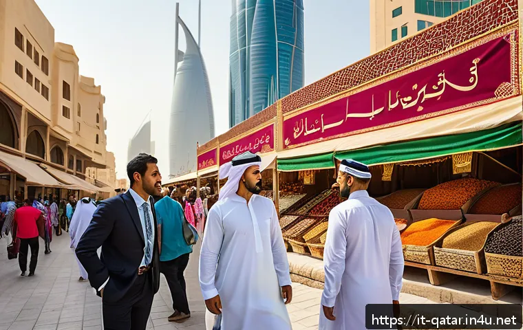 카타르의 다양한 인구 구성 - A vibrant street scene in Doha showcasing a diverse crowd of people from South Asia, Southeast Asia,...