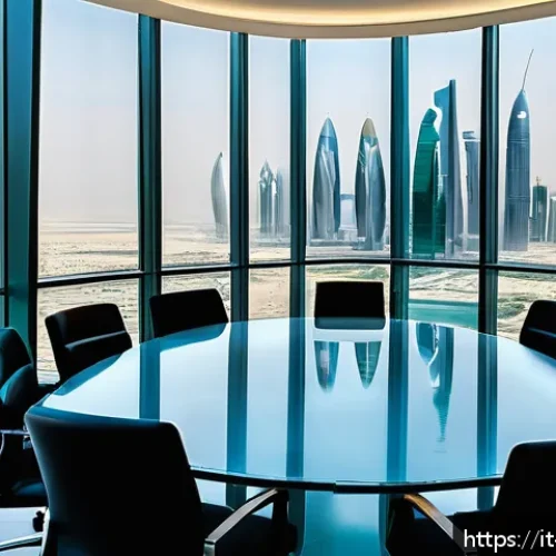 Home 32 카타르의 주요 법적 분쟁 - A modern corporate office meeting room in Doha, Qatar, featuring diverse business professionals in f...