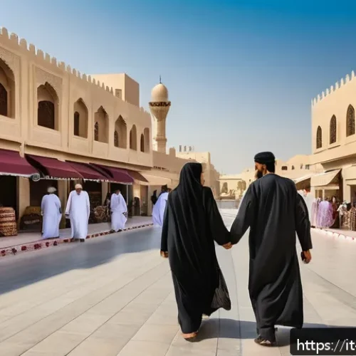 Home 31 카타르에서 안전하게 여행하는 법 - A respectful street scene in Doha featuring a diverse group of people dressed in modest, lightweight...