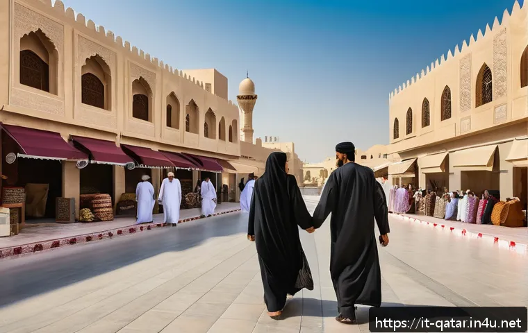 카타르에서 안전하게 여행하는 법 - A respectful street scene in Doha featuring a diverse group of people dressed in modest, lightweight...