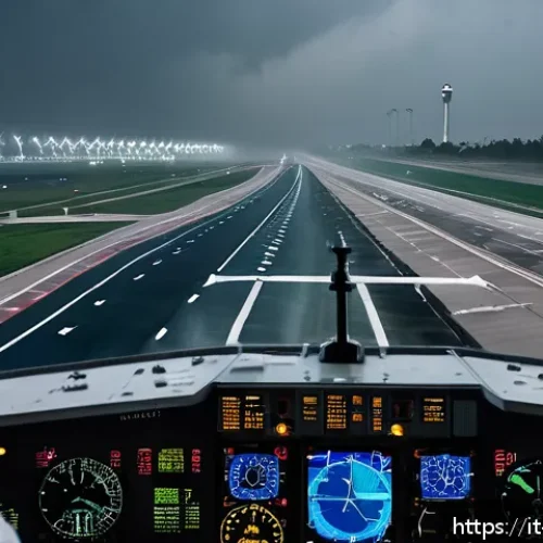 Home 30 카타르 항공 사고 - A highly detailed scene of a modern commercial airplane struggling to land in extreme weather condit...