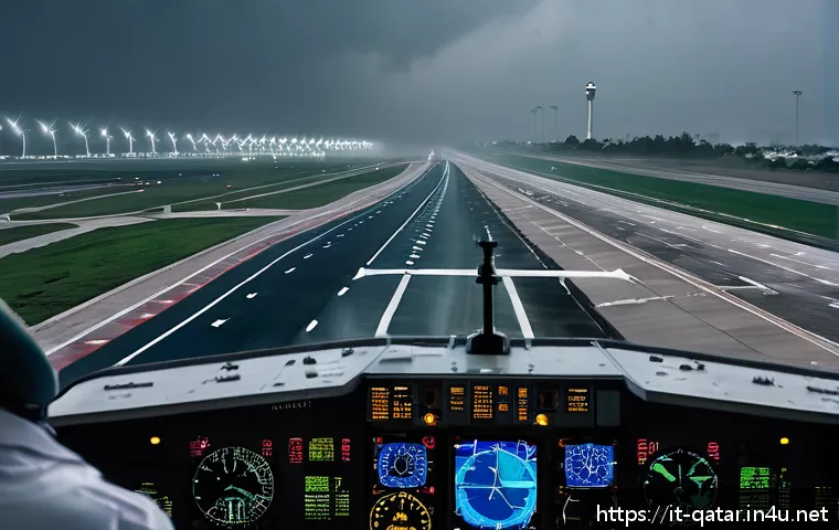 카타르 항공 사고 - A highly detailed scene of a modern commercial airplane struggling to land in extreme weather condit...