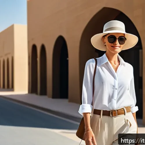 Home 17 카타르의 기후와 적응법 - A stylish woman walking in a sunlit urban environment in Doha, Qatar, wearing a lightweight white li...