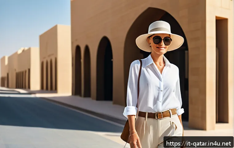 카타르의 기후와 적응법 - A stylish woman walking in a sunlit urban environment in Doha, Qatar, wearing a lightweight white li...