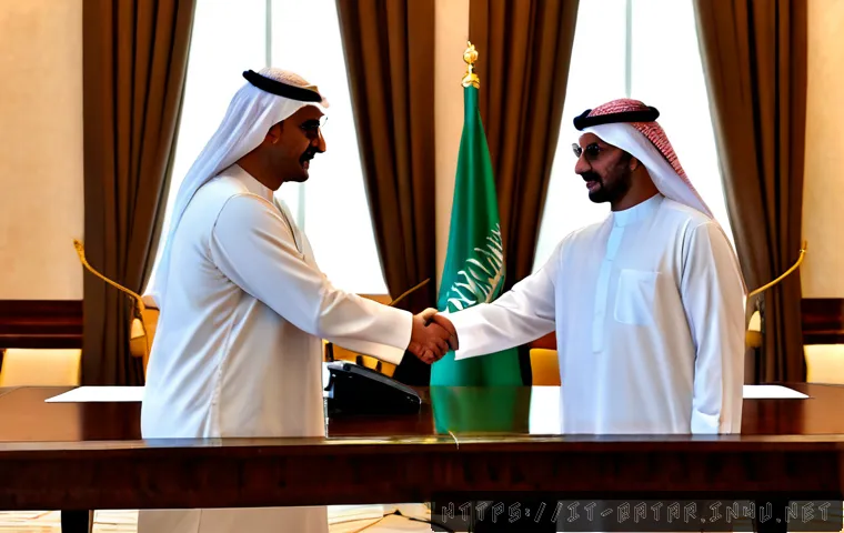카타르와 사우디아라비아 관계 - Photorealistic diplomatic meeting between Qatari and Saudi Arabian officials in a refined Gulf confe...
